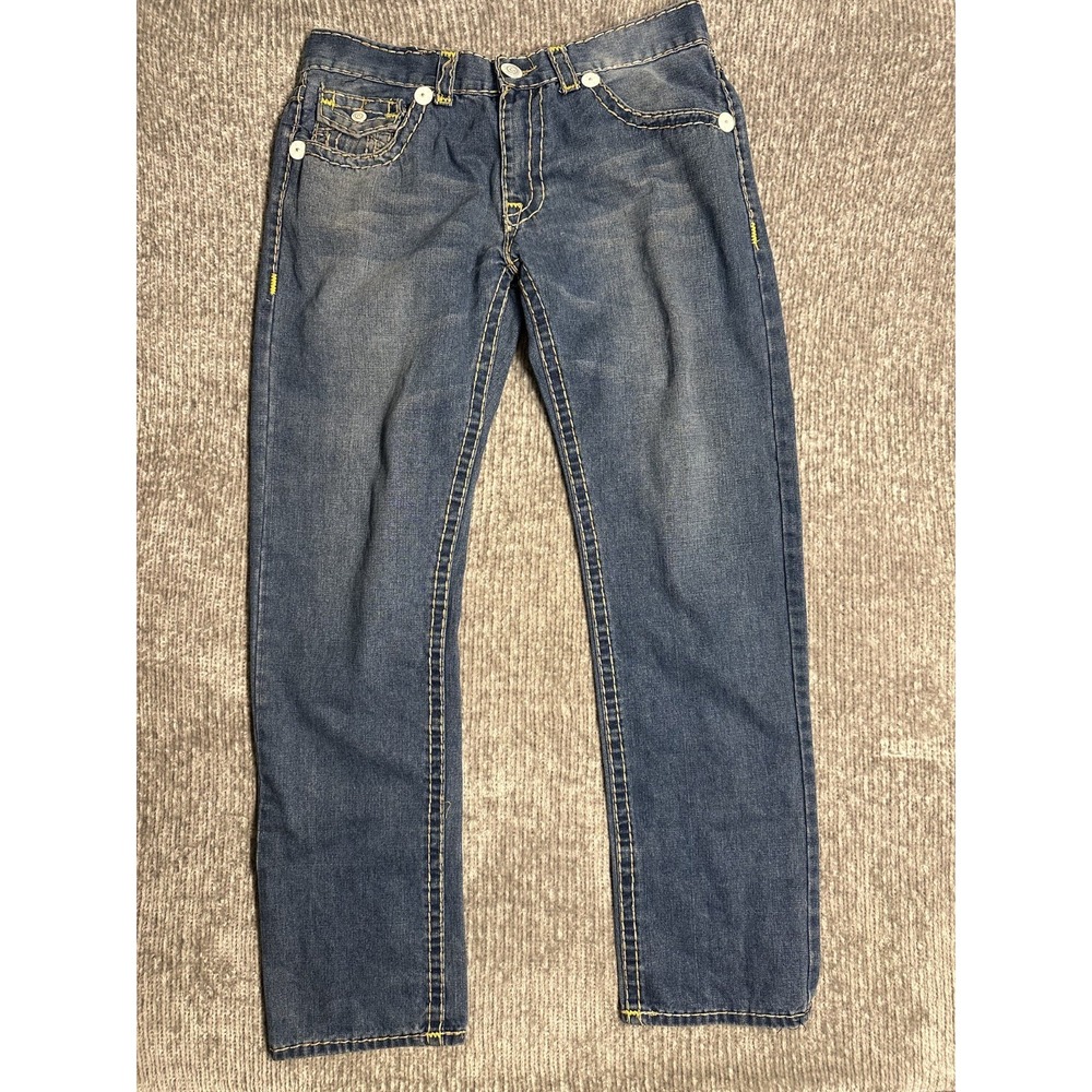 TRUE RELIGION Jeans Mens 36x33 Straight Leg Blue Denim Yellow Stitching